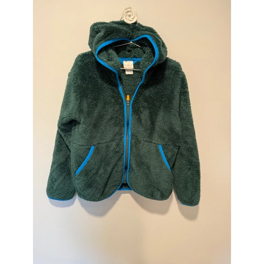 Hanna Andersson Kids Green High Pile Fleece Full Zip Hoodie Jacket Blue Trim 6-7
